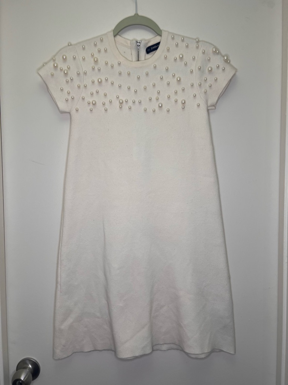 Zara Knit Pearl Embellished Sweater Dress Ivory Short Sleeve homecoming dreas S